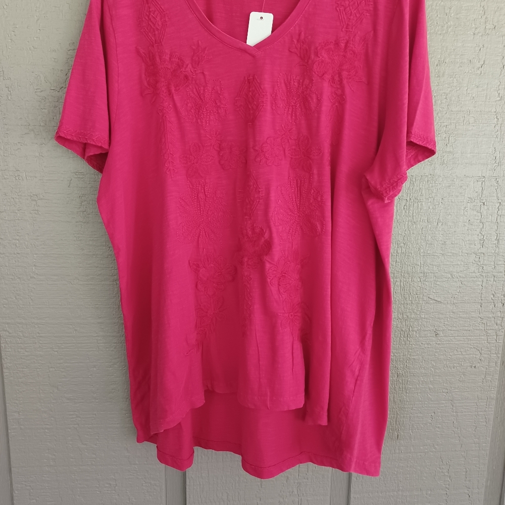 Soft Surroundings Women Santorini Embroidered T Shirt Plus Size 2X Boho V Neck